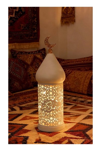 Generic Ramadan Moroccan Lantern, White Hollow Out Metal LED Light with Gold ...