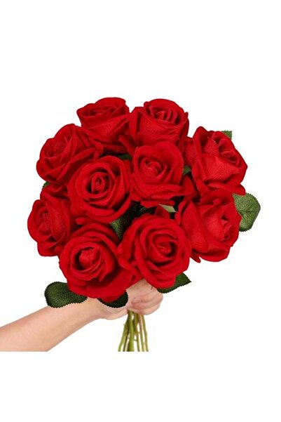 Generic 10 Pack Artificial Velvet Red Roses with Stems, Silk Fake Flowers for...
