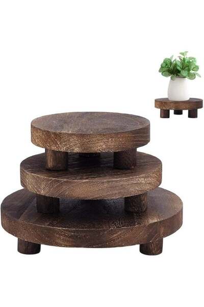 Generic 3-Piece Set Wooden Display Risers Stands, Rustic Farmhouse Round Pede...