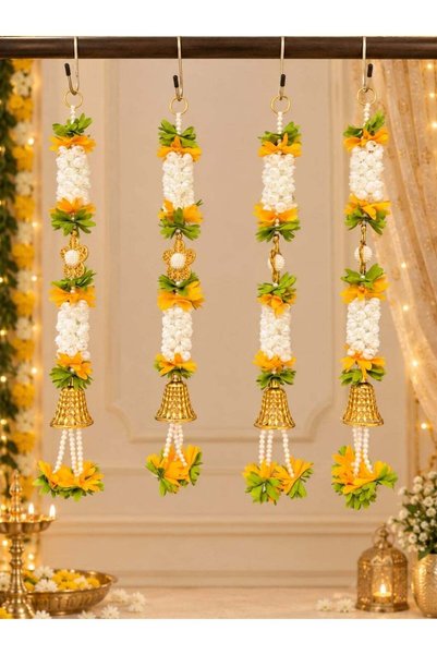 Generic Rajshi Marigold Floral Hanging with Golden Bells & Pearl Strings – Fe...