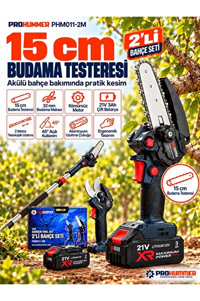 PHM011-2M Bahçe Kenarı Çalı Budama Seti Akülü Makas Testere 2 m Teleskopik Çift Batarya