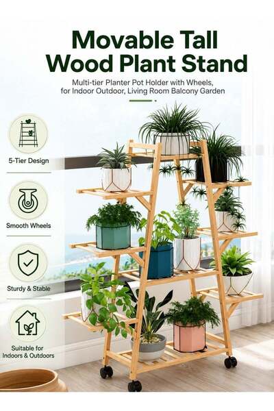 Generic Movable 5-Tier Bamboo Plant Stand with Wheels, Tall Multi-Level Woode...