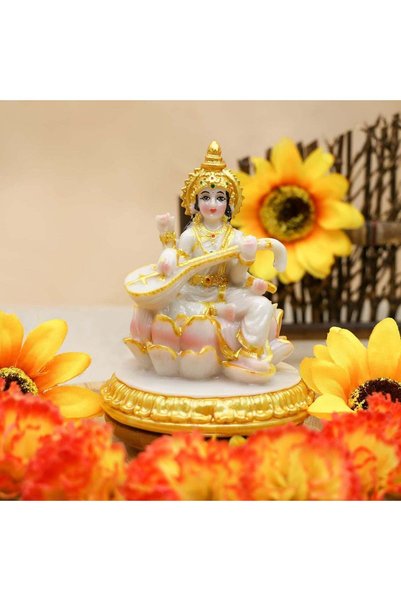 Generic Small Hindu Goddess Saraswati Statue - 3.9”H Marble Look Figurine