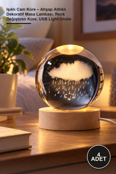 Yenilig 4 Pieces of Lighted Glass Globes – Decorative Table Lamp with Wooden ...