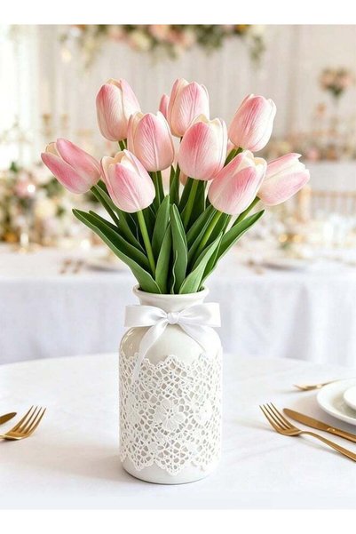 Generic 3 pieces of pink mini tulip artificial flowers made of PU material, s...