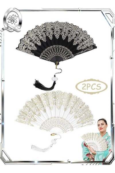 Generic 2 PCSC Lace Handheld Folding Fan, Whiter Embroidered Folding Hand Fan...