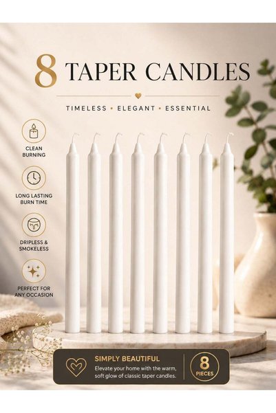 Generic Set of 8 Long-Burning Unscented White Taper Candles, Premium Elegant ...