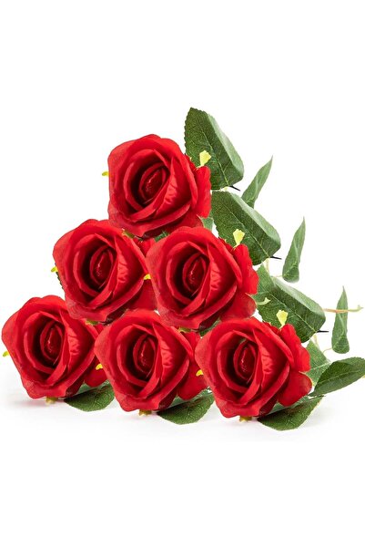Generic 6 Pcs Red Artificial Rose Flowers, Single Stem Silk Faux Roses for De...