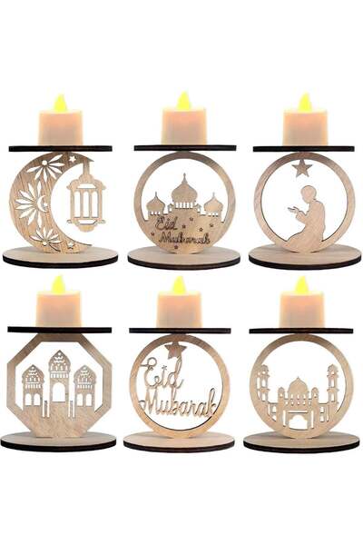 Generic 6‑Pack Wooden Ramadan Candle Holders – “Eid Mubarak” Décor with Star,...