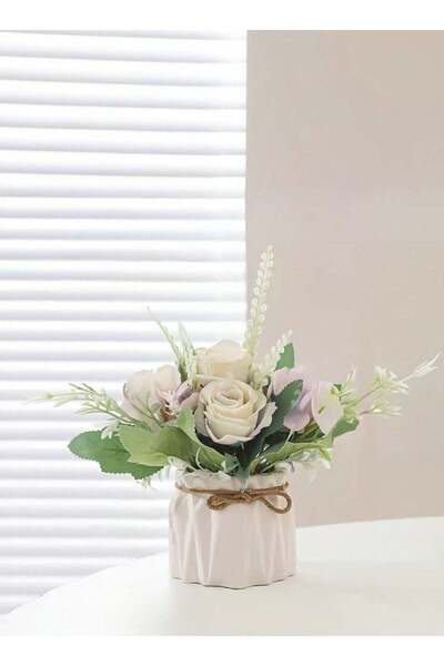 Generic Artificial White Rose Arrangement in Ceramic Pot – Faux Flower Tablet...