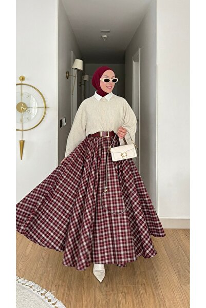 NİLNUR MODA Yeni Sezon Kadın Duble Kloş Ekose Trend Etek Beli Lastikli