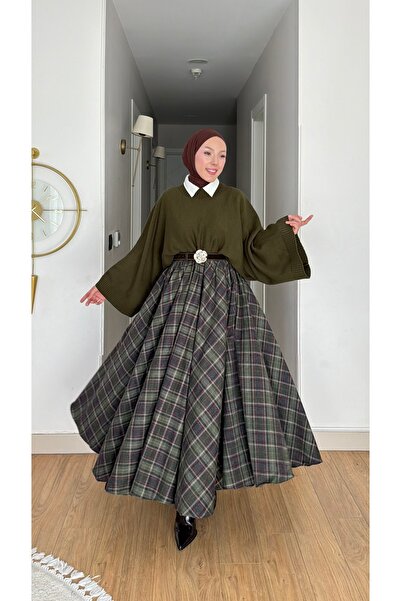 NİLNUR MODA Yeni Sezon Kadın Duble Kloş Ekose Trend Etek Beli Lastikli