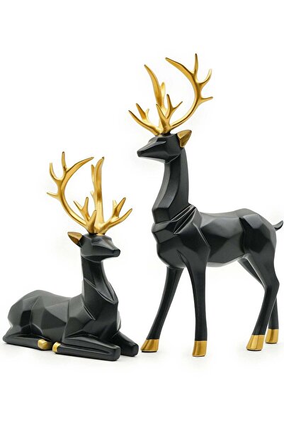 Generic BERAM Black and Golden Crown Reindeer Figures Set Large and Small Res...