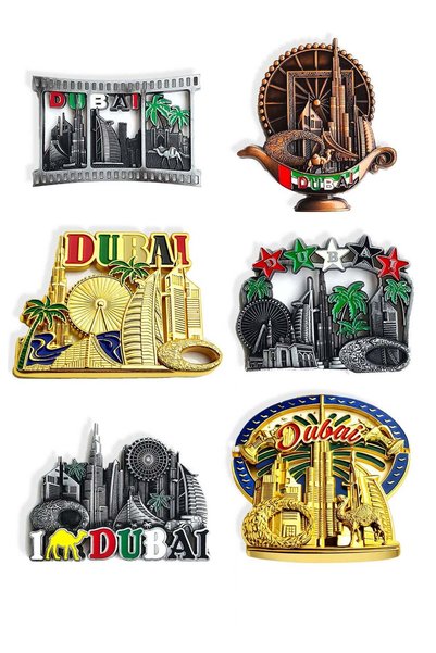 Generic Premium 6-piece metal magnet set showcasing Dubai’s famous skyline an...