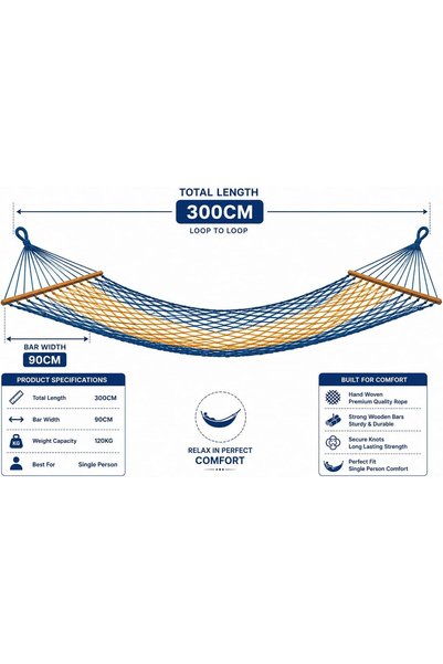 Generic Premium Outdoor Spreader Bar Hammock - 300cm Handwoven Rope Net Swing for Single Person, 120KG Weight Capacity Portable Garden Hammock Bed for Backyard Relaxation