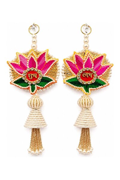 Generic Madhoor Pearl Lotus Shubh Labh Door Hanging Pink White Green for Diwa...