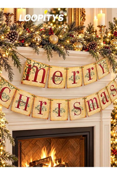 Generic Retro Merry Christmas Letter Banner, Vintage Nostalgic Christmas Bunt...