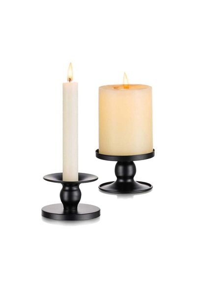 Generic Set of 2 Black Metal Candle Holders, Small Taper Candlestick with Hea...