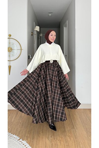 NİLNUR MODA Yeni Sezon Kadın Duble Kloş Ekose Trend Etek Beli Lastikli