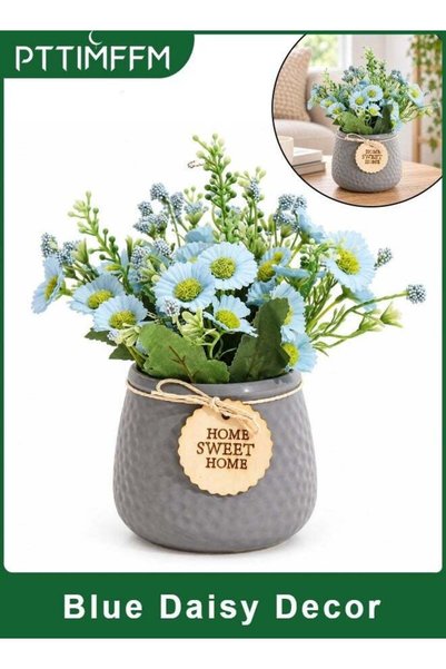 Generic Artificial Blue Daisy Flowers in Gray Ceramic Pot, Faux Floral Arrang...