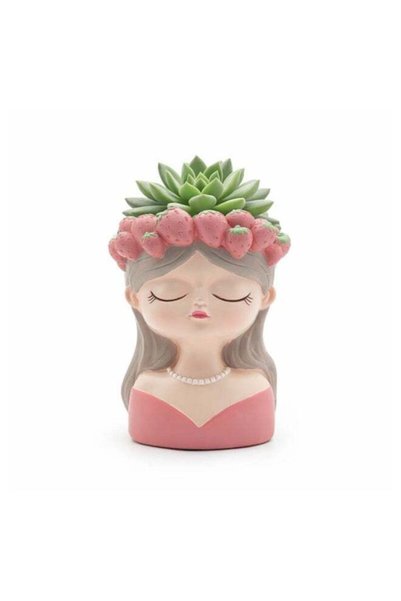 Generic Fancy Girl with Fruit Crown Flower Pot Pink Polyresin Decorative Plan...