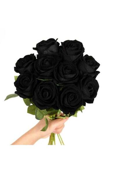 Generic 10 Pack Artificial Black Velvet Roses with Stem, Fake Silk Flowers fo...