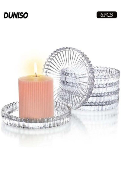 Generic Clear Glass Pillar Candle Holder Plates Set of 6, 10cm Round Glass Ca...