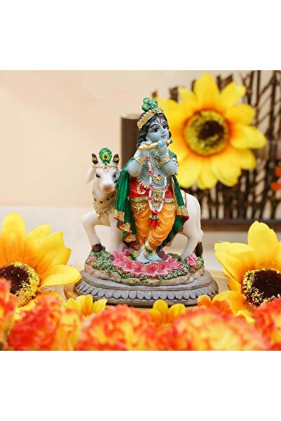 Generic 3.7"H Handmade Lord Krishna Statue with Cow Krishna Idol Murti for Ca...