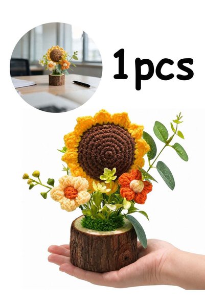 Generic Handmade Crochet Sunflower Bouquet, Knitted Mini Potted Plant, Cute D...