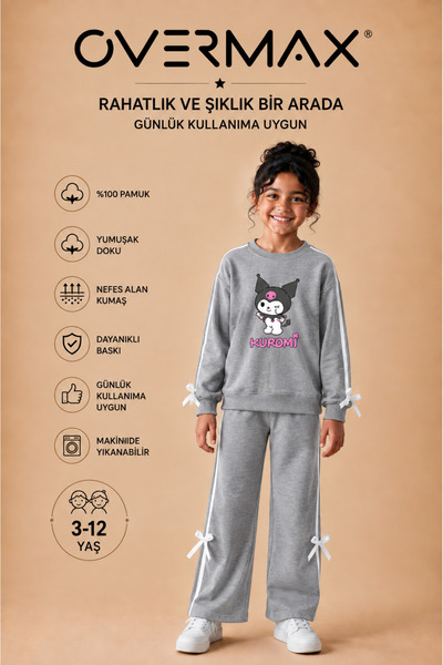 OVERMAX Kız Çocuk Şerit ve Fiyonk Detaylı Kuromi Baskılı Eşofman Takımı – 3-1...