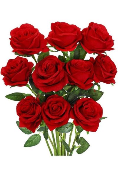 Generic 10Pcs Artificial Red Silk Roses with Long Stems, Fake Rose Flower Bou...