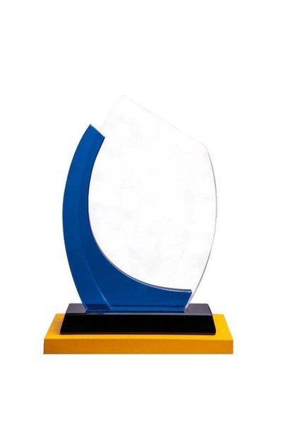 Generic Luxury Crystal Glass Award Trophy with Blue Curved Accent and Black B...