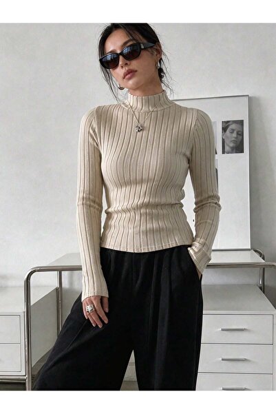 WEEST MODA Beige Halter Neck Long Sleeve Stylish Blouse