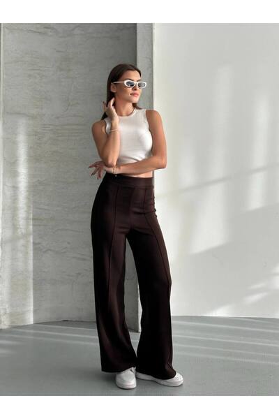 VELLMORA Modal Fabric Waist Belted Palazzo Trousers with Grass Detail