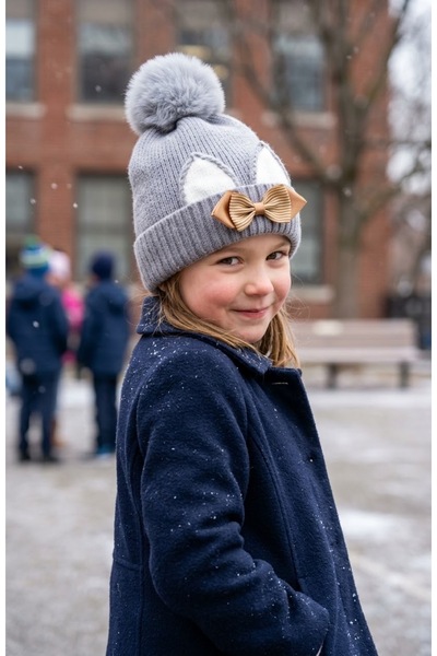 LAGRANZE 4-8 Years Old Girls' Beret with Bow Decorations, Pompoms and Ear Fig...