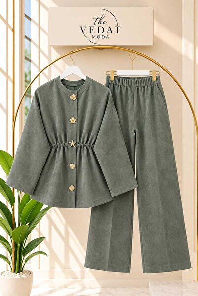 MODA VEDAT Women's Suede Fabric Trousers Set with Bronchial Detail -0650