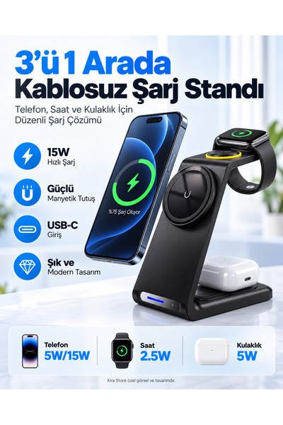 3’ü 1 Arada 15W Manyetik Kablosuz Şarj Standı Telefon Akıllı Saat ve Kulaklık Uyumlu USB-C