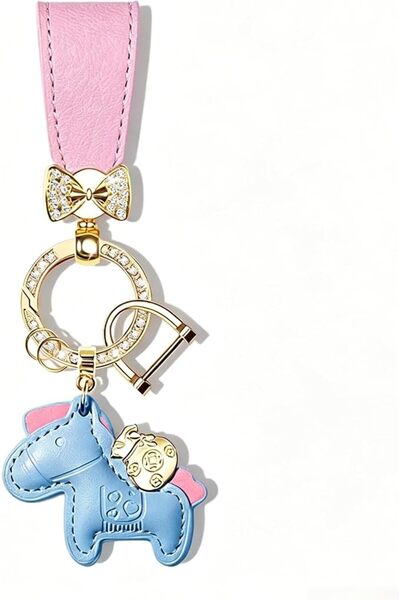 Generic Leather Car Keychain for Women, Diamond‑Studded Bow Horse Pendant Key...