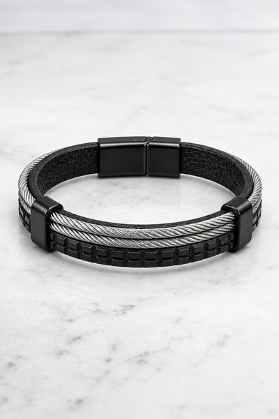 Nereze Double Row Steel Rope Model Leather Detailed Men's Steel Bracelet