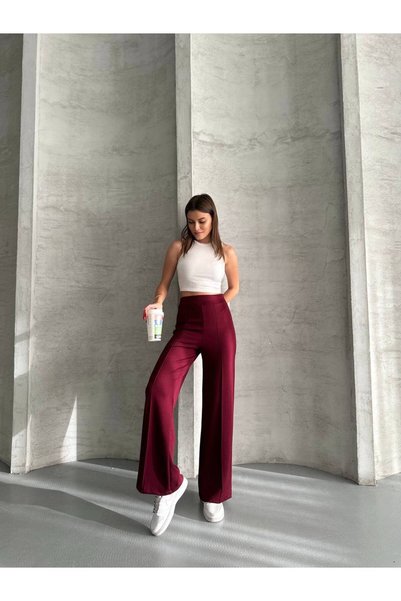 VELLMORA Modal Fabric Waist Belted Palazzo Trousers with Grass Detail