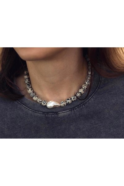 Taşmir Stainless Steel Necklace with Dalmatian Jasper Stone and Real Baroque ...