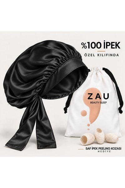 zau %100 İpek Ayarlanabilir Bağlamalı Saç Bonesi, Özel Kılıflı ve Saf İpek Peeling Kozası Hediyeli (Siyah)