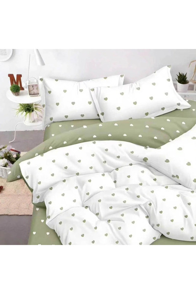 decorami Double bed linen, satin Cotton , 4 pieces, White, Green, hearts