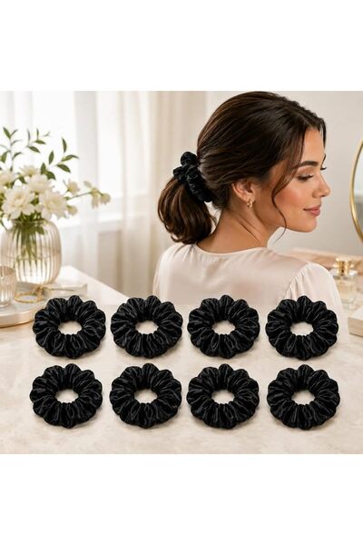 GENERAL ربطات شعر ساتان للنساء 8 قطع، ربطات شعر سوداء للشعر الكثيف والرفيع