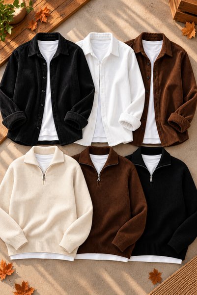 legends butik Men's 6-Piece Advantageous Set 3 Corduroy Shirts 3 Half-Zip Kni...