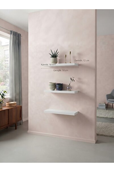 3 ‘ lü Set Duvar Raf 50x12 Mdf Gizli Montaj Uçan Raf Kitaplık Salon Mutfak Rafı