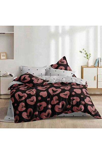 decorami Double bed linen with Stretchy, satin Cotton , Black, Red, hearts