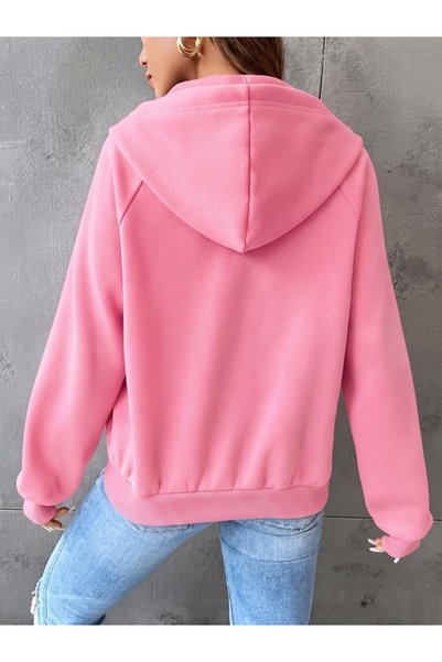 EXPECTED Hanorac cu glugă roz oversize pentru femei, cu fermoar, stil streetwear