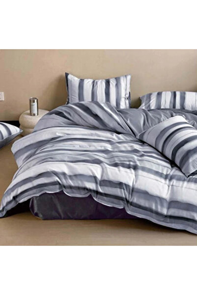 decorami Double bed linen, satin Cotton , 4 pieces, White, Blue, stripes