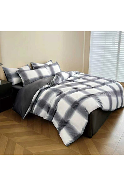 decorami Lenjerie pat dublu, bumbac satinat, 4 piese, Alb, Negru, chenare
